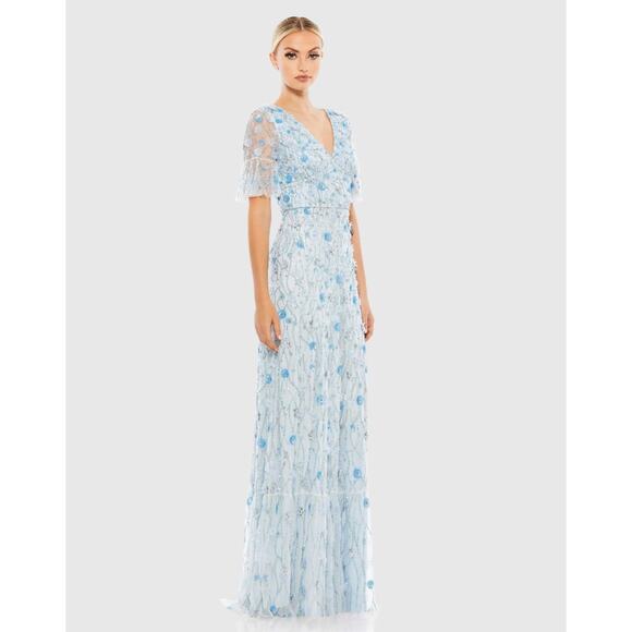 NWT MAC DUGGAL Powder Blue Embellished V-Neck Empire Waist Ruffle Hem Gown 6 - Picture 2 of 14